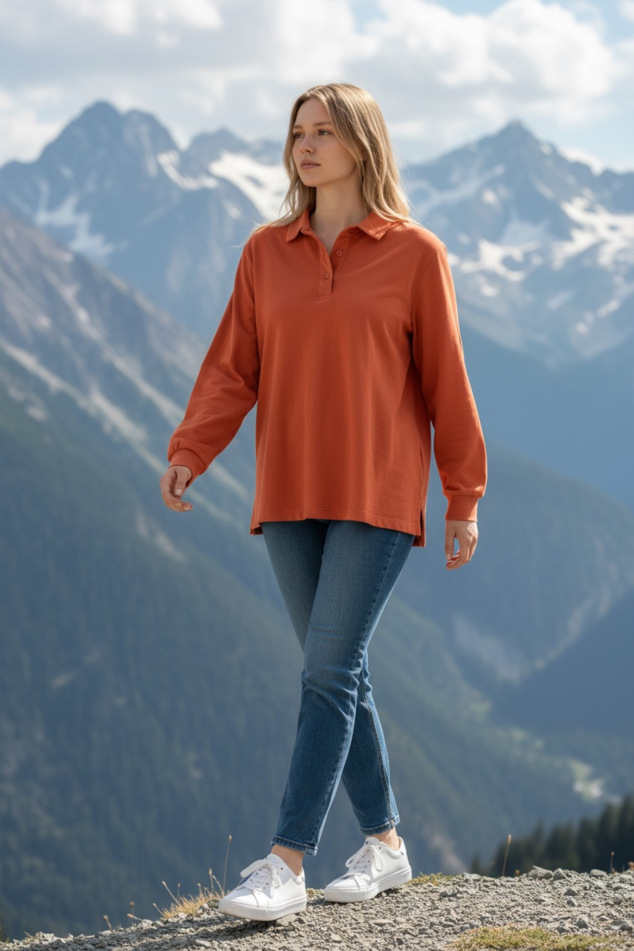 Woman Within Classic Long-Sleeve Cotton Polo Shirt